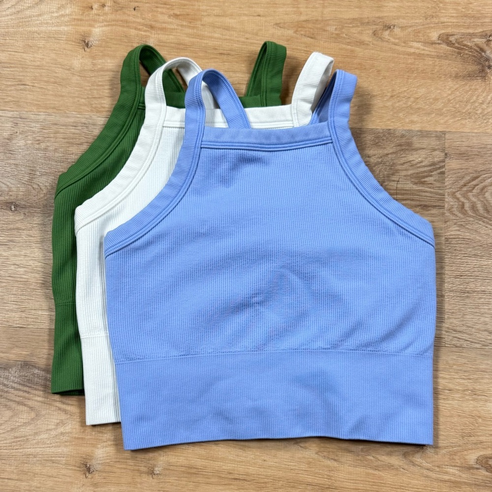 Athleta Trio of Aurora Ribbed Crop Tops in Light Blue, Green, and White